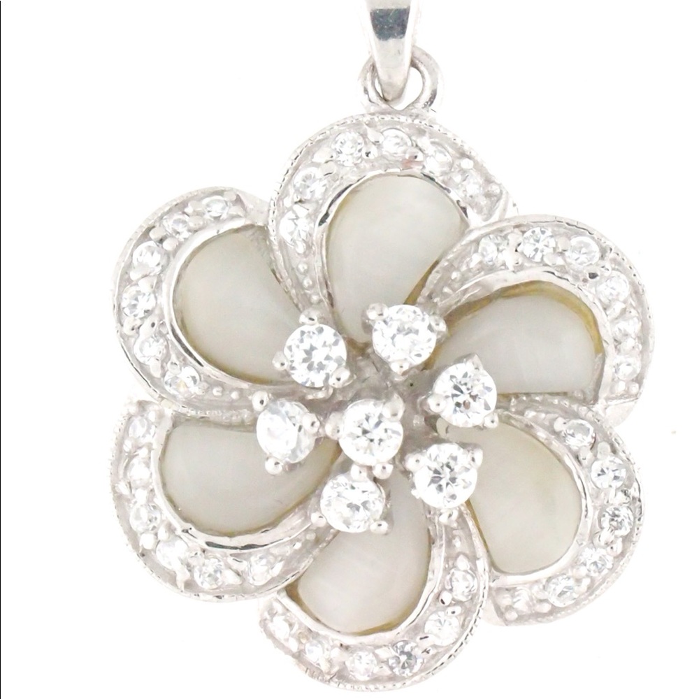 New Sterling Silver Flower Pendant With CZ & MOP